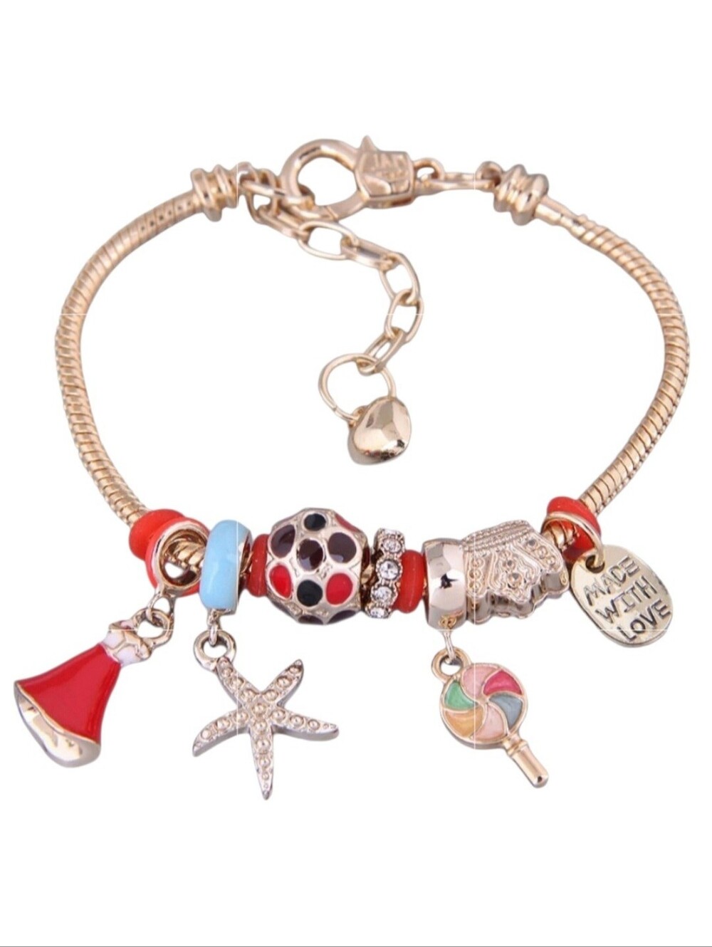 Charm Bracelet Red Gold Tone Starfish Lollipop Dress